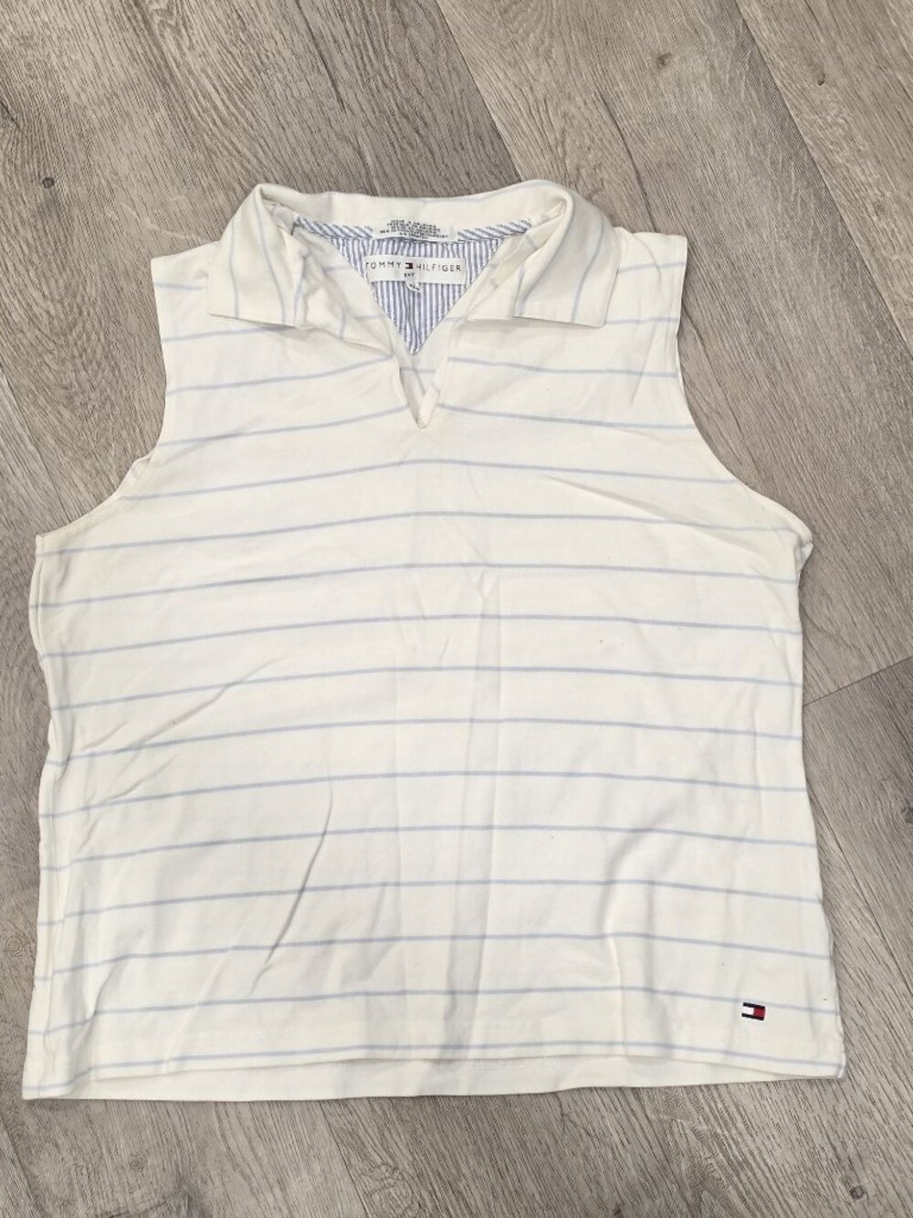 Tommy Hilfiger Golf XL Sleeveless White & Blue Striped Polo Shirt Cotton Blend